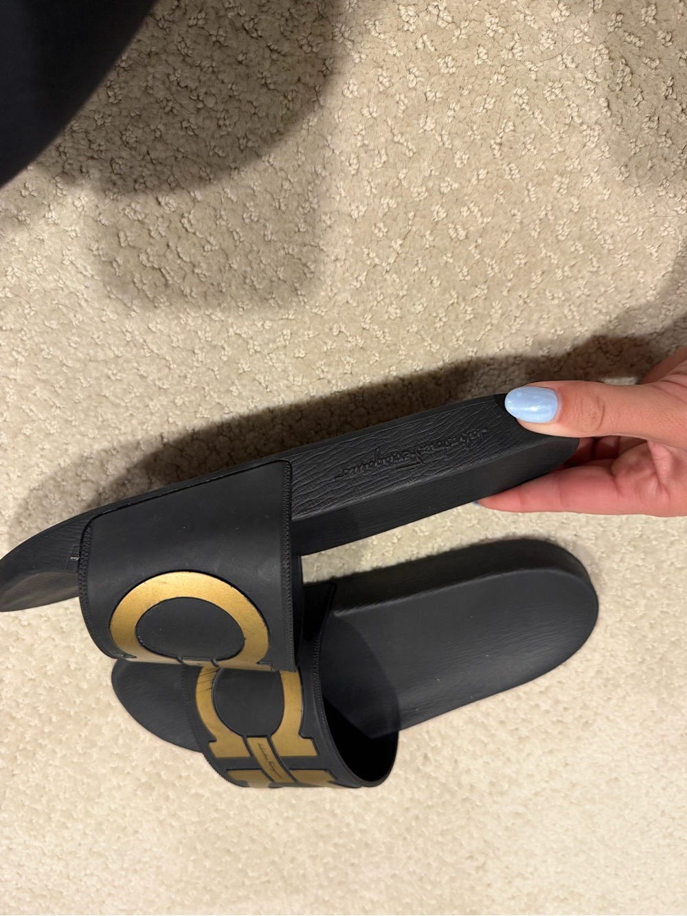 Salvatore Ferragamo Black and Gold Gancini Slide Sandals - Picture 3 of 4
